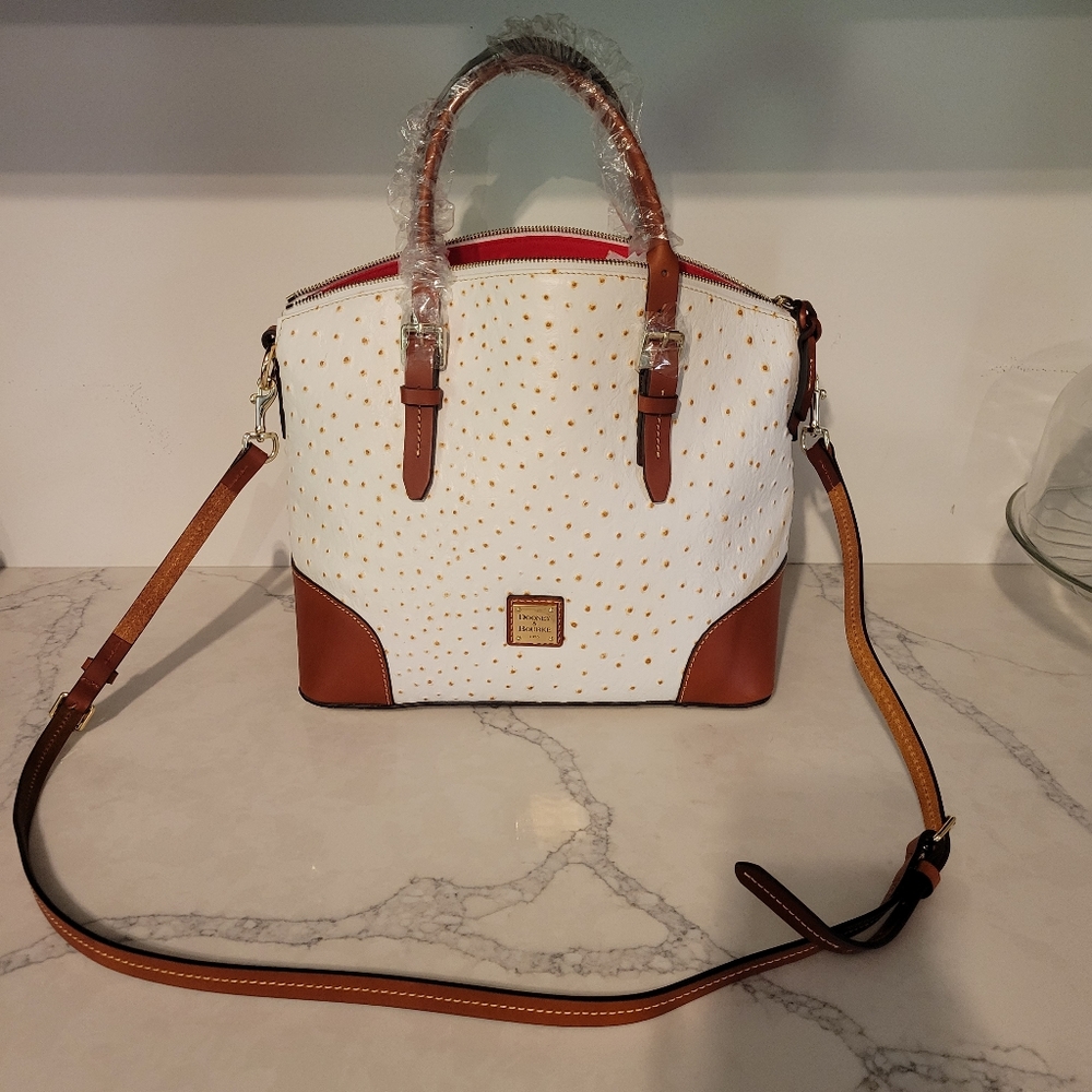 Dooney and Bourke Ostrich Domed Zip Satchel Bone with Wallet.   New with tags.